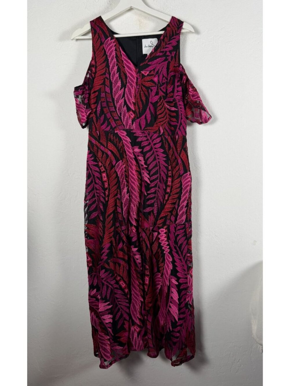 Sam Edelman Laurel Embroidered Leaf Cold Shoulder Midi Dress Red Pink Sz 12 New